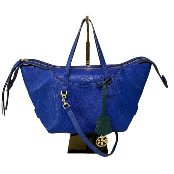 Tory Burch Perry Pebbled Leather Satchel Blue Green Gold Hardware - Picture 3 of 15